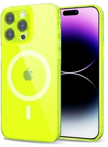 Svanove for iPhone 14 Pro Max Case Clear Compatible with Magsafe, Transparent Magnetic Magnet Mag Case, Cute Slim Thin Silicone Grip & Shockproof Camera Cover Drop Protection Bumper, Neon Green Lime