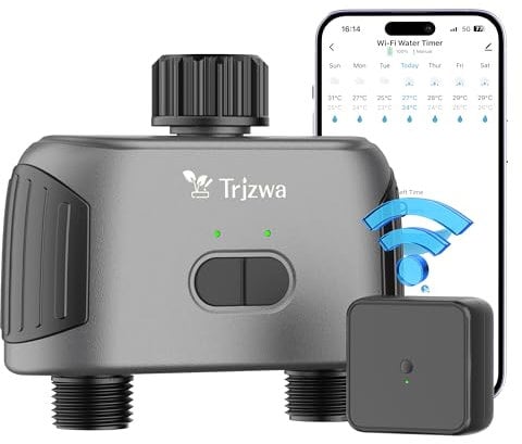 TRJZWA Programador Riego WiFi con Doble Puerto,Temporizador De Riego Automatico Control De Riego AutomáTico Inteligente con Mando A Distancia WiFi Hub Temporizadores De Mangueras De Riego