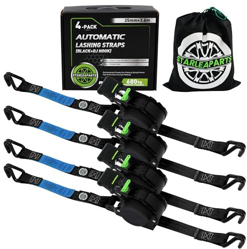 StarLeaparts Lot de 4 Sangles à cliquet rétractables, 680KG de résistance à la Rupture, 3.6m 25mm d'arrimage à rétraction Automatique, Sangles a Cliquet Automatique pour Moto, Kayak et Camion, Noir