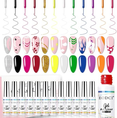 EODCI 12 Farben Gel Liner Nail, 10ml Neon Lila Rosa UV Nagellack Set, Gelnägel Farben For Drawing Lines, Nail Gel Polish für Drawing Lines und Nageldesign