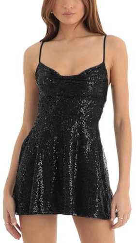 Yoisdtxc Damen Glitzer Pailletten Minikleid Sparkly Rückenfrei Spaghettiträger A Linie Kleid für Cocktail Strand Streetwear, Schwarz , Medium
