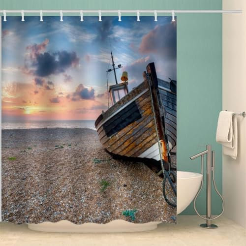 igyhuij 3D Rideau Douche Plage - Polyester Tissu Rideau de Bain Plage - Anti Moisissure Imperméable Rideaux de Douche 120 x 180 cm 8 Crochets JJ5562
