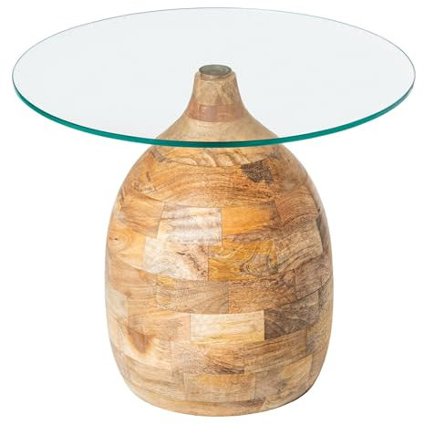 DRW Table Basse Ronde en Verre et Bois Transparent et Naturel 50 x 50 x 42 cm, 50x50x42 cm