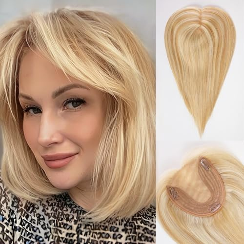 HAIRCUBE Echthaar-Haarteil mit Pony für Damen，5x5,5 Zoll Basis，14 Zoll Hellblond & Platinblond，zur Deckung von grauen Ansätzen und dünner werdendem Haar