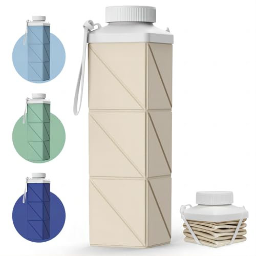 Mefold POMKAKA Collapsible Water Bottles 24.3oz(720ml), 2nd Generation Leakproof BPA-Free Travel Water Bottle,Lightweight Reusable Water bottle for Cycling Gym Camping Sports,Champagne White