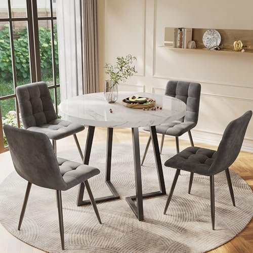 Dolamaní 5-Teilig Set - Modern Esstisch Rund mit 4 Grau Stüihlen, 80 cm Weiß MDF-Platte Tisch mit Schwarze Metallfüße, Samt (4 Stühlen Grau + Esstisch B)