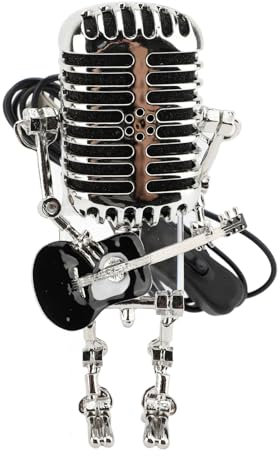 Srliya Vintage Microphone Guitar Robot Table Lamp Aluminum Retro Metal Robot Night Light for Bedroom Desk Home Decor (Black)