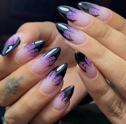 Caiguoer 24 pcs Pointed Black Halloween Fake Nails Ghost False Nails Dark Long Press on Nails for Women and Girls (A, One size)