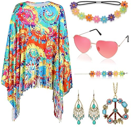 Alintor Hippie Kostüm Damen, Schlagermove Outfit Damen, 70er Jahre Bekleidung, Kostüm Hippie Frau, Flower Power Kleidung, 70er Jahre Outfit, Fasching Karneval