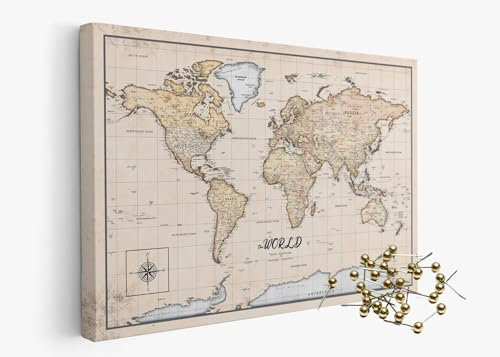 framed concept | Weltkarte mit Pinnnadeln | Handgefertigte Wanddekoration mit 50 goldenen Pins | Einzigartige Geschenkidee
