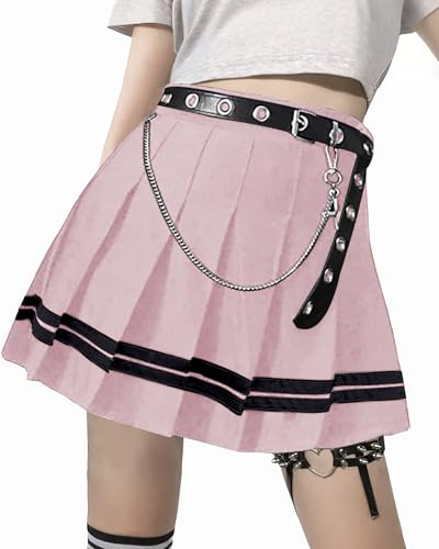 XKBHYD Punk Kreuz Druck Mini Röcke Damen mit Kette Gürtel Faltenrock Uniform Gothic Femboy Skirt