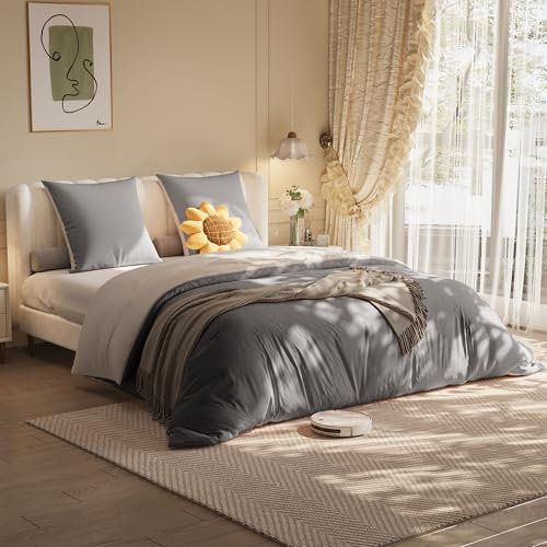 TEOSTWF Set di biancheria da letto matrimoniale, 160 x 200 cm, 4 pezzi, in morbida microfibra di poliestere, copripiumino con angoli e federe, set completo di biancheria da letto (grigio)