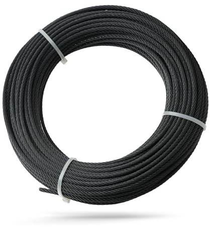 Cable de acero inoxidable T316 de 50 pies de 1/8 pulgadas, color negro, sistema de barandilla de cable de avión, accesorios de barandilla de 7 x 7 hebras, para interiores y exteriores, cuerda de