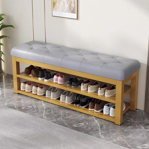 Shoe Rack Bench 2-Tier Bamboo Shoe Storage Organizer Shoe Bench with Leather Cushion Not easy to peel off the paint for Entry Bedroom Living Room(Gold+Gray,100cm)