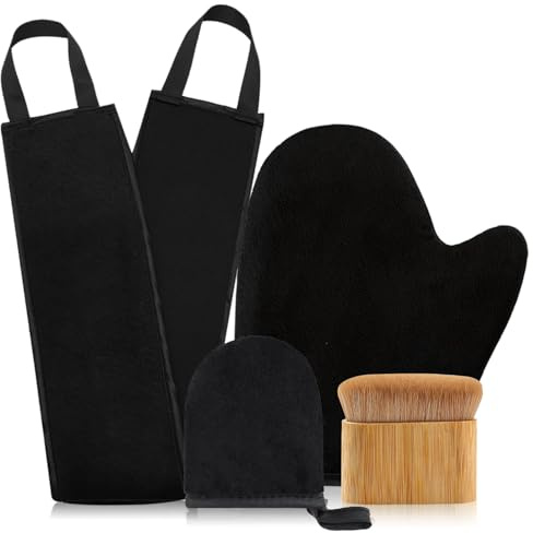 Kit de Autobronceado con Guante Aplicador, 4 Piezas, Guantes Dobles, Manopla y Brocha de Bambú, Negro (black, 4)