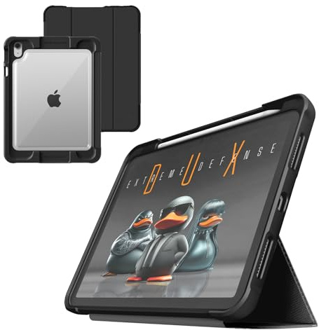 STM Dux Ultra Hülle für iPad A16/10th Gen - Rugged MIL-SPEC Fallschutz, Schnapp-Magnetständer, Bleistift- und Buntstiftaufbewahrung, klare Rückseite, Auto Sleep/Wake, COM - Schwarz