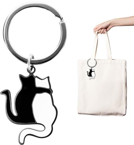 Porte Clé Chat, Noir et Blanc Silhouette Mignonne Accessoire Cadeau Pour Amoureux Design Élégant Animaux Bijoux