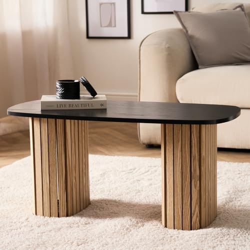 OHS Wooden Coffee Table, Decorative Centre Table Living Room Madison Ribbed Wood Frame with Black Top Small Coffee Tables for Living Room Home Offices, 85 x 40 x 41cm