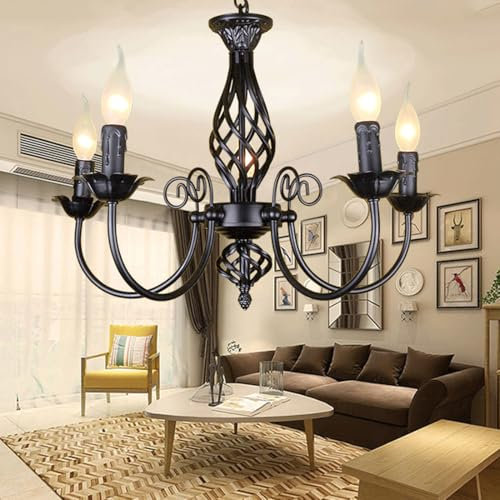 Esszimmer Lampe Klassisch Antik Kerze Pendelleuchte Kronleuchter LED Vintage Schwarz Metall Eisen Wohnzimmer Hängelampe Retro Industrielle Rustikal E14 Decke Strahler Restaurant Küche Verstellbar 54cm