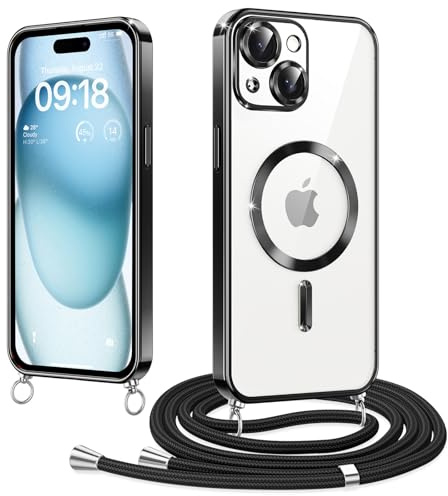 Micnkifo Magnetische Handyband mit Band für iPhone 15 Hülle, [Kompatibel mit Magsafe] Handyhülle Case mit justierbarer Schnur Abnehmbar Strap, Crossbody Schutzhülle zum Umhängen, Schwarz