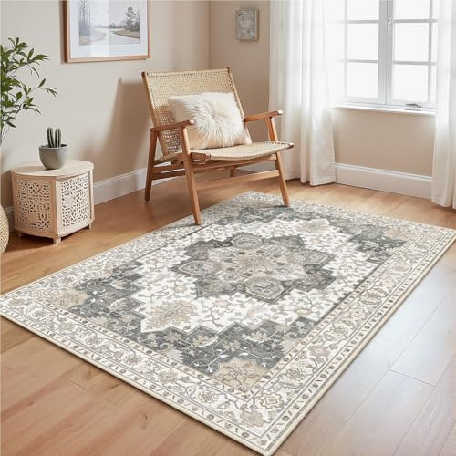GENIMO Vintage Wohnzimmer Beige Grau Teppich 120x170cm Waschbar | Waschbarer Retro Teppich,Weich,Rutschfest Kurzflor,für Wohnzimmer,Schlafzimmer, Esszimmer,Büro,Carpet,Teppiche
