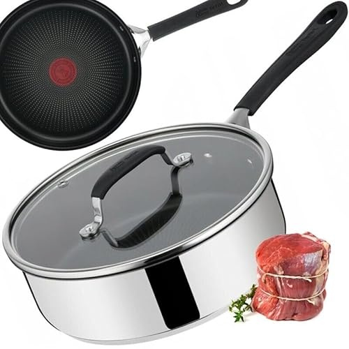 Tefal Jamie Oliver Home Cook Sauteuse en aluminium avec revêtement anti-adhésif, signal thermique, passe au lave-vaisselle, avec couvercle en verre, bleu/gris, 24 cm, 3,5 l