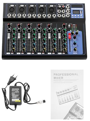Professionelles 7-Kanal DJ Mischpult, Audio Mixer mit 48V Phantomspeisung für PC, Podcast Equipment & Home-KTV, Kompaktes Mischpult für Einsteiger und Live-Auftritte