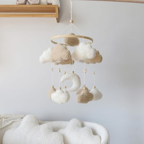 Ueiwffzo Wolken Mobiles Baby Babybett Mobile Hölz, Mond Filz Windspiele Baby Mobile Mobiles Krippe Halterung Anhänger für Neugeborene Geschenk