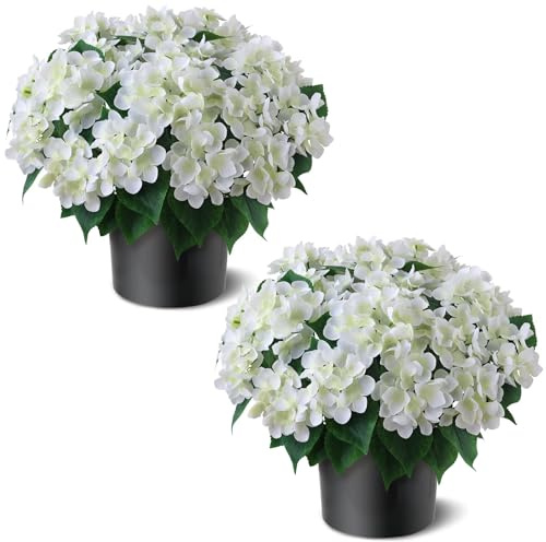 Artificial Hydrangea Flower Topiary Trees - 2 Sets Faux Silk Flower Potted Plant, UV Resistant Fake Outdoor Hydrangea Bush for Front Door, Farmhouse,Garden, Porch Decor (White)