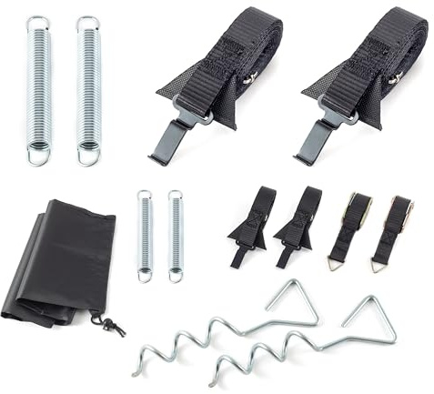 HomeBee® Sturmband Markise Set für Sturmsicherung für Markise und Vorzelt Camping Markise Wohnmobil Zubehör 2X 35cm Erdanker 2X Spanngurte 2X Feder 1x Tasche (Edelstahl Fiamma Kompatibel, 1)
