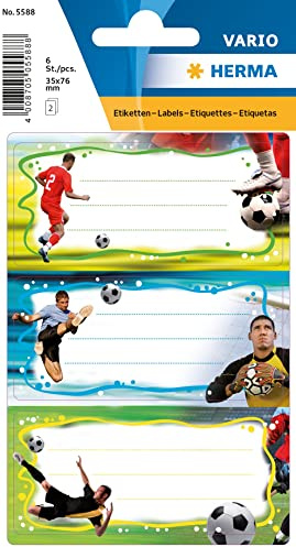 HERMA 5588 Buchetiketten zum Beschriften Fußball, 6 Stück, 76 x 35 mm, selbstklebend, liniert, Buchaufkleber für Schule Kinder Mädchen Jungen, mehrfarbige Heftetiketten Aufkleber, bunt