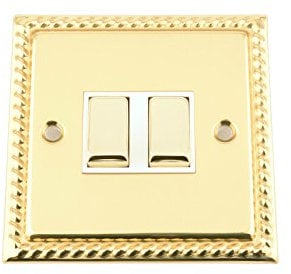 Double Light Switch 2 Gang - Georgian - Polished Brass - White Insert - Metal Rocker Switch - 2 Gang 2 Way 10 Amp