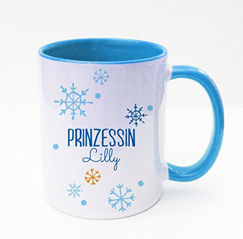 ilka parey wandtattoo-welt Becher Tasse Kaffeetasse cup mug Prinzessin Lilly mit Schneeflocken Schneekristalle und Wunschname blau ts159