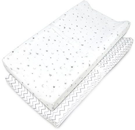 American Baby Company - Funda para cambiador de mesa (100% algodón natural), Estrellas grises y Zigzag, Pack De 2