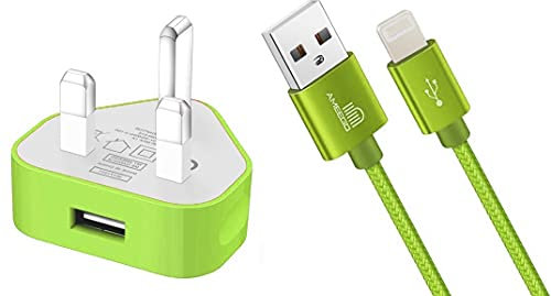 AMO USB Charger Plug UK, USB Plug Adapter Data Cable 2 Metre Compatible For iOSiPhones 5 5S 5C SE 7 8 X XS XR 11 12 13 14 iOSiPad iOSPod Air Pods (Green 1Amp)