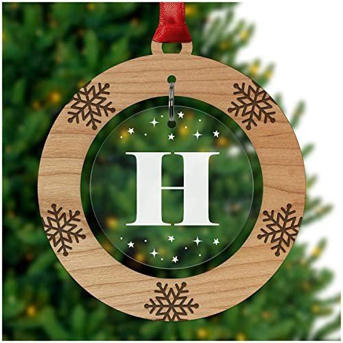 PERSONALISED ANY NAME INITIAL Christmas Tree Ornament - Cherry Veneer and Acrylic Engraved Christmas Tree Bauble - Keepsake Christmas Gifts