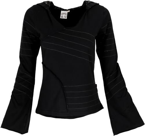 GURU SHOP Elfen Hoody, Langarmshirt, Pixi Shirt, Kapuzenpullover Flower of Life - Schwarz, Damen, Baumwolle, Size:S