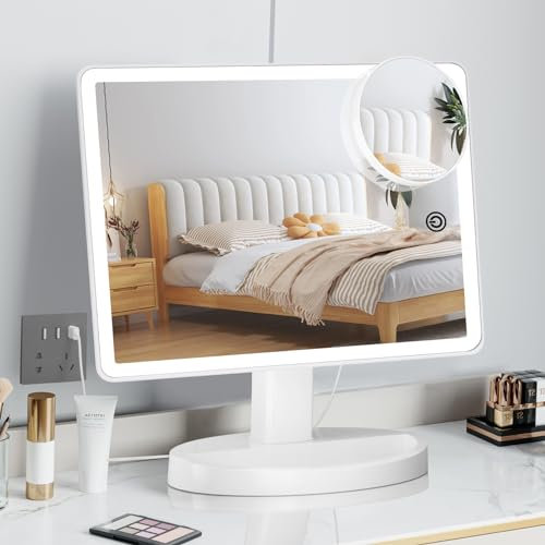 FUNTOUCH Großer Schminkspiegel mit Beleuchtung (XL-Modell) – 10X Fache Vergrößerung, 3 Farben Beleuchteter Spiegel mit 88 LEDs, 360° Drehbarer Tischspiegel, Tragbarer Tisch Kosmetikspiegel