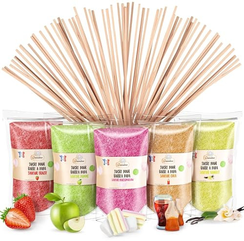GREENDOSO® Zuckerwatte Zucker Set 5x300g - Natürliche Aromen & Farben - Erdbeere/Cola/Apfel/Marshmallow/Vanille + 50 Stäbchen für Zuckerwattemaschine