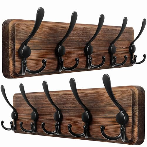 Dseap Garderobe, Garderobenhaken - Robust Vintage Garderobenleiste Holz mit 5 Dreifachhaken, Kleiderhaken Wand, Hakenleiste, für Jacken Mäntel Handtaschen, Natur, 2 Stück