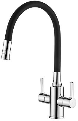 Ibergrif M22141-2 Grifo Cocina Flexible, Grifo Cocina Negro con Manguera de Siliconade, Doble Mango, Grifo Cocina Fregadero Giratorio de 360°