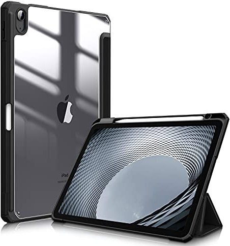 FINTIE Hybrid Case for iPad Air 11 Inch M3 (2025) / M2 (2024), iPad Air 5th / 4th Generation (2022/2020) - Shockproof Slim Clear Back Cover with Pencil Holder, Auto Wake/Sleep, Black