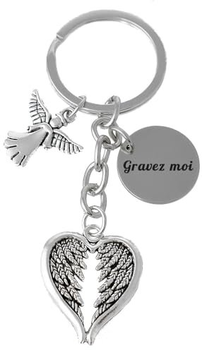 Porte-clés Ange Et Ailes En Forme De Coeur Argenté Gravure Personnalisée Sur Médaille