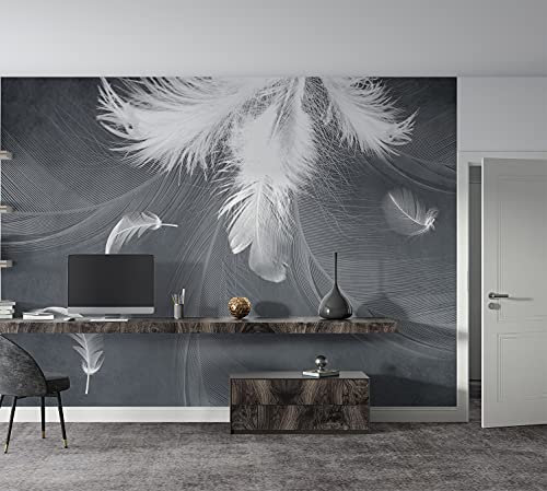 SILK ROAD EU Silk Photo Wallpaper 3D Effect White Feathers Personalised Size Black and White Wallpaper Maximum Length up to 8 m, Can be Used in Living Room, Kitchen, Bedroom, Children's Room, Studio