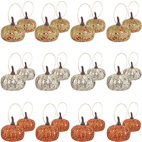 Syhood 24 Stück Erntedankfest Künstliche Glitzernde Kürbis Herbst Mini Schaum Kürbis Hängend Ornamente Realistische Kleine Künstliche Kürbisse für Baum DIY Deko (Orange, Gold, Champagner Silber)