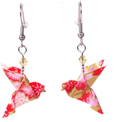 Boucles d'oreilles colombes origami (Fleurs rouges et roses sur fond doré)