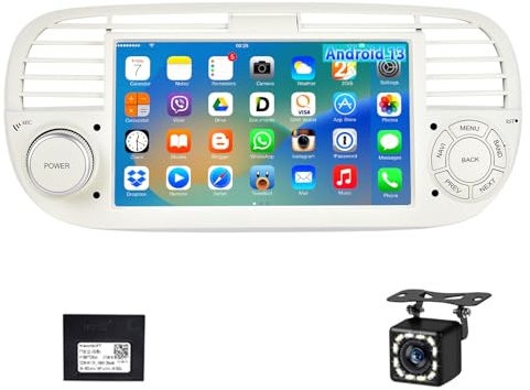 Podofo Autoradio per Fiat 500 2007-2015, 7 Pollici Android 13 Stereo Auto Radio con Schermo Supporta WiFi, GPS Navi, RDS/FM, Bluetooth, Backup Camera, CANBUS - Bianco