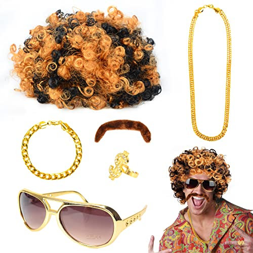 JORAKI Herren Perücke Hippie Fasching Karneval Kostüm 6 in 1 Disco Set mit Afro Perücke Schnurrbart Brille Goldene Halskette Armband und Ring für 60er 70er 80er Cosplay, Mottoparty, Halloween