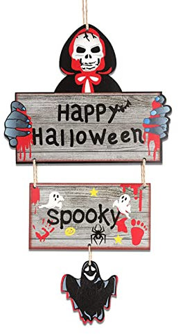 Panneau de Bienvenue en Bois Pour Halloween, Panneau en Bois à Suspendre Pour Décoration D'Halloween, Décoration de Porte d'Halloween à Suspendre, Porte Mur Fenêtre Halloween Décoration (30 cm)