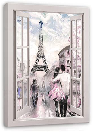 Leinwandbild Fensterbilck Fenster Paris Eiffelturm 80x60 cm | Hochformat Canvas Leinwand Wandbilder Bilder für Wand Schlafzimmer Wohnzimmer Wandbild Kunstdruck Wand Bild auf Leinwand Aufhängefertig